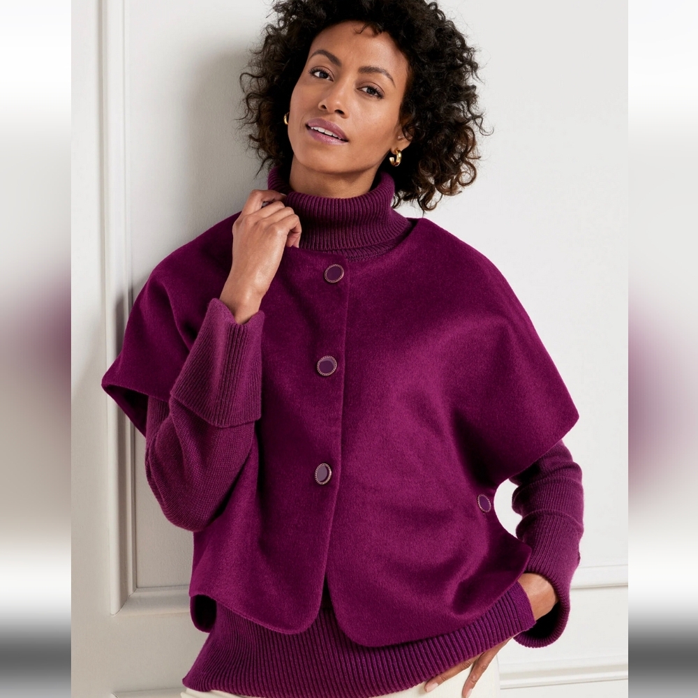 Talbots Women's Cape Shawl Button Ruana Wool Warm Cozy Hygee Jewel Tone Large OS